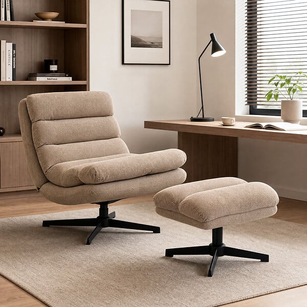 HOMCOM - Fauteuil de salon et repose-pieds style rétro matelassé tissu toucher lin marron - large