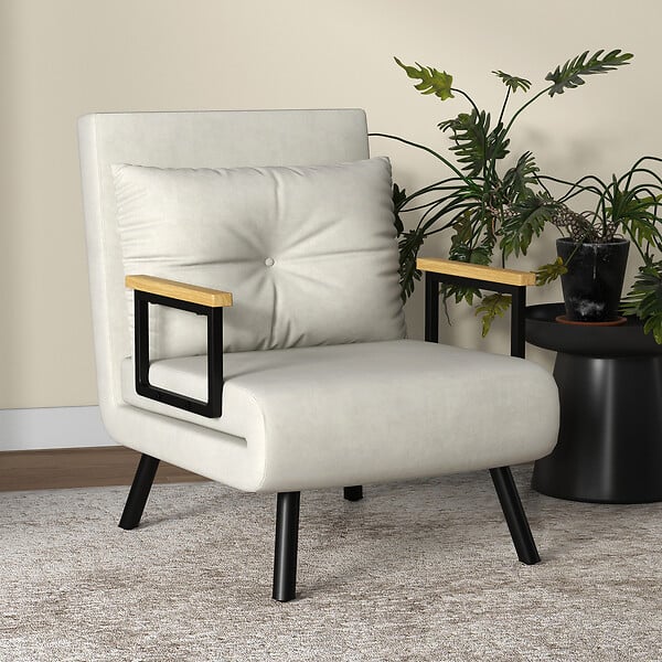 HOMCOM - Fauteuil convertible 3 en 1 chauffeuse lit dossier réglable coussin accoudoirs bois velours crème - large