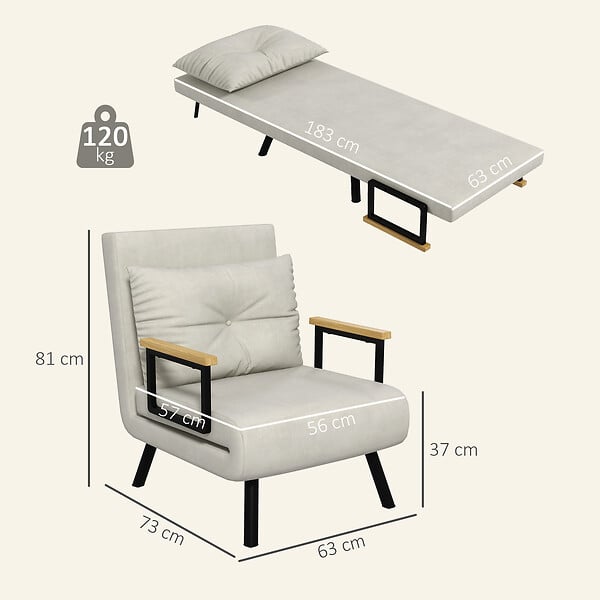 HOMCOM - Fauteuil convertible 3 en 1 chauffeuse lit dossier réglable coussin accoudoirs bois velours crème - large