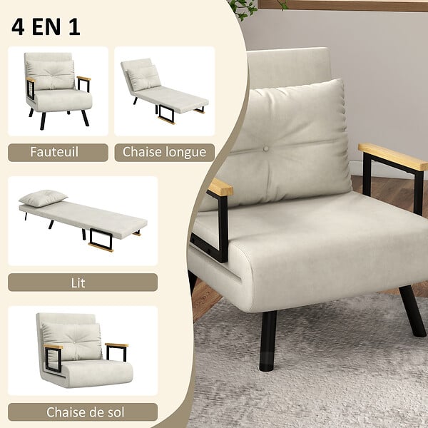 HOMCOM - Fauteuil convertible 3 en 1 chauffeuse lit dossier réglable coussin accoudoirs bois velours crème - large