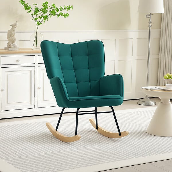 HOMCOM - Fauteuil à bascule rocking chair design - structure acier piètement bois effet velours vert - large