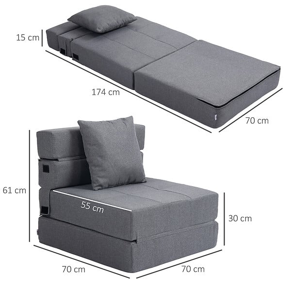 HOMCOM - Chauffeuse canapé-lit convertible 1 place - coussin déhoussable inclus - tissu gris - large