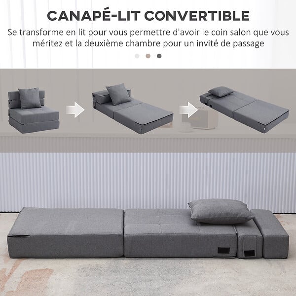 HOMCOM - Chauffeuse canapé-lit convertible 1 place - coussin déhoussable inclus - tissu gris - large
