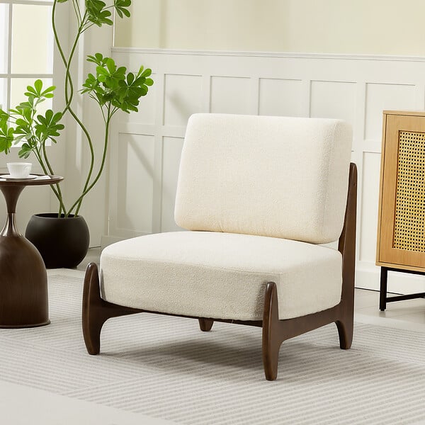 HOMCOM - Fauteuil lounge design - fauteuil bas grand confort - bois hévéa foncé épais coussins tissu beige clair - large