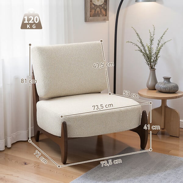 HOMCOM - Fauteuil lounge design - fauteuil bas grand confort - bois hévéa foncé épais coussins tissu beige clair - large