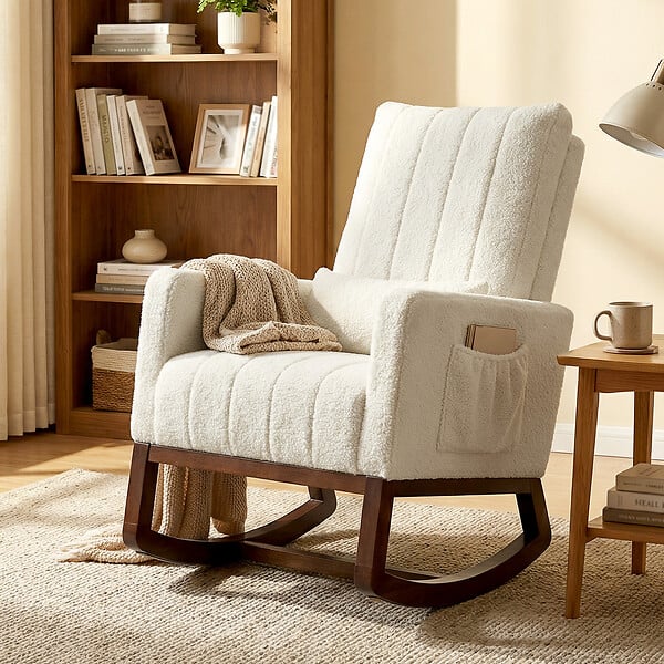 HOMCOM - Fauteuil à bascule design bouclette crème bois foncé - large