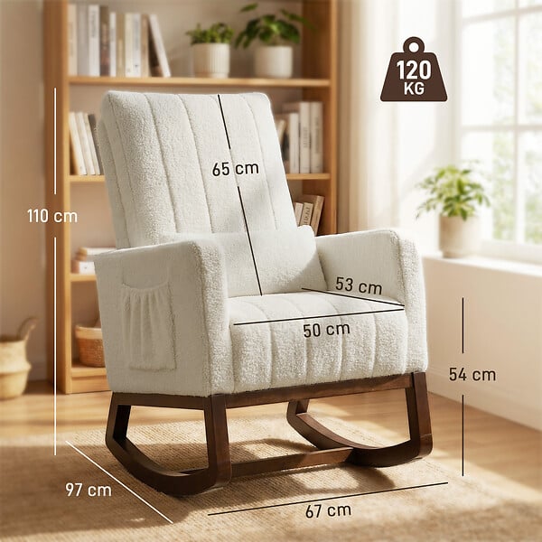 HOMCOM - Fauteuil à bascule design bouclette crème bois foncé - large