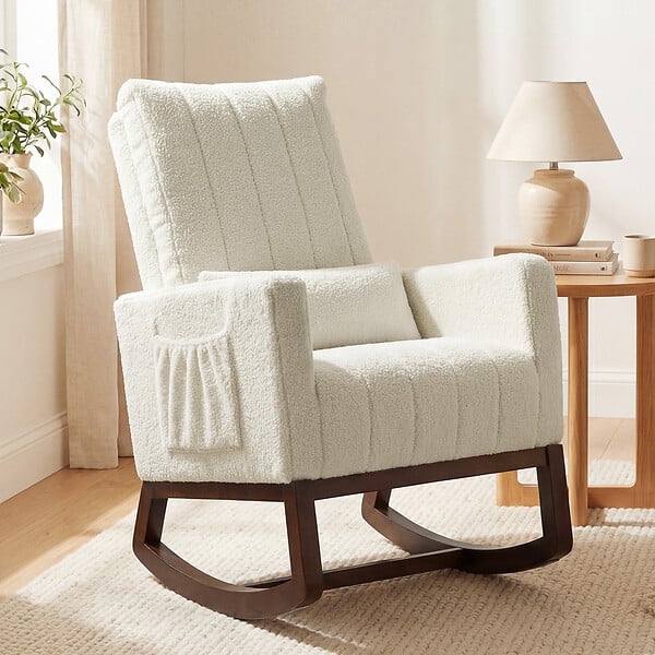 HOMCOM - Fauteuil à bascule design bouclette crème bois foncé - large