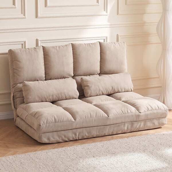 HOMCOM - Chauffeuse - matelas d'appoint pliant - fauteuil convertible - inclinaison dossier réglable 14 positions - 2 coussins inclus - polyester aspect suédé beige - large