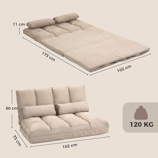 HOMCOM - Chauffeuse - matelas d'appoint pliant - fauteuil convertible - inclinaison dossier réglable 14 positions - 2 coussins inclus - polyester aspect suédé beige - large