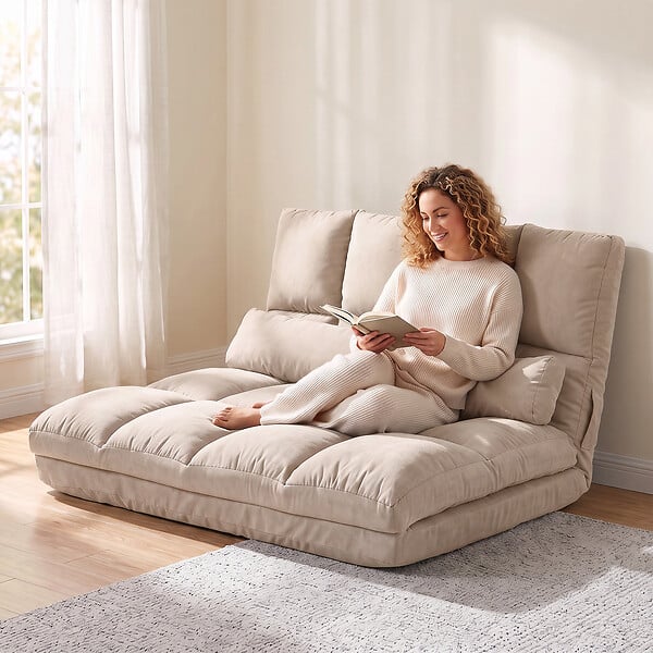 HOMCOM - Chauffeuse - matelas d'appoint pliant - fauteuil convertible - inclinaison dossier réglable 14 positions - 2 coussins inclus - polyester aspect suédé beige - large