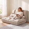 HOMCOM - Chauffeuse - matelas d'appoint pliant - fauteuil convertible - inclinaison dossier réglable 14 positions - 2 coussins inclus - polyester aspect suédé beige - vignette