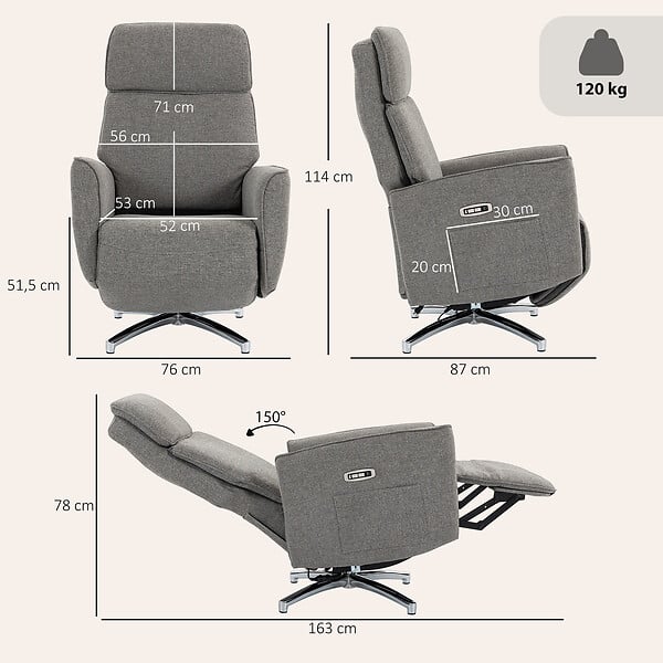 HOMCOM - Fauteuil relax design électrique pivotant inclinable réglable acier chromé tissu gris - large