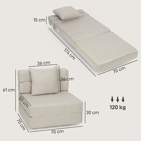 HOMCOM - Chauffeuse canapé-lit convertible 1 place - coussin déhoussable inclus - tissu grège - large