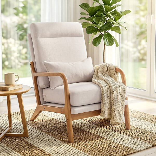 HOMCOM - Fauteuil lounge haut dossier bois tissu beige - large