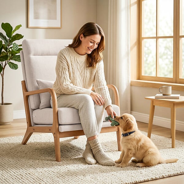 HOMCOM - Fauteuil lounge haut dossier bois tissu beige - large
