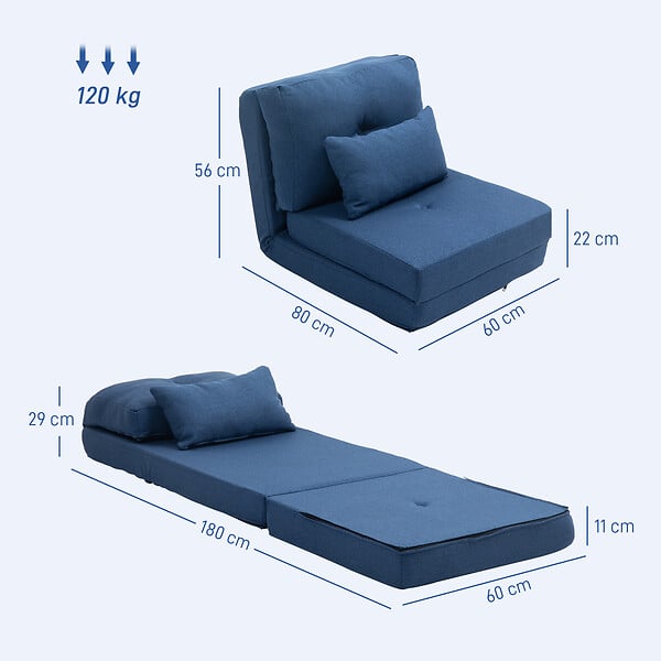 HOMCOM - Fauteuil convertible chauffeuse inclinable - coussin inclus - tissu bleu - large