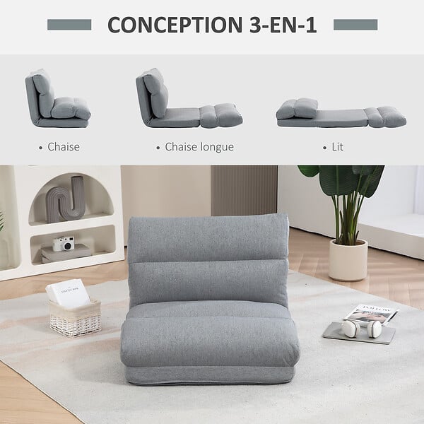 HOMCOM - Fauteuil convertible fauteuil paresseux grand confort inclinaison dossier multipositions 90°-180° tissu gris chiné - large