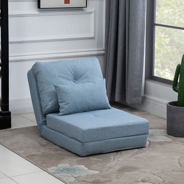 HOMCOM - Fauteuil convertible chauffeuse inclinable - coussin inclus - tissu bleu clair - large