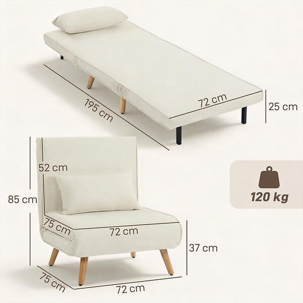 HOMCOM - Fauteuil convertible design scandinave - coussin - bois tissu crème - large