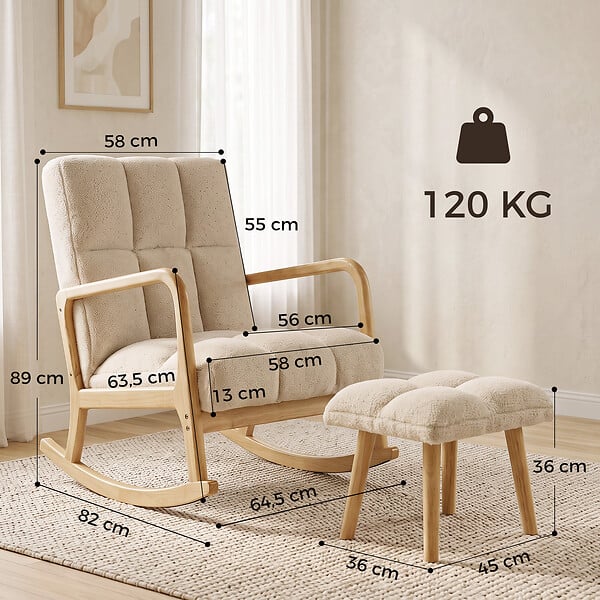 HOMCOM - Fauteuil à bascule tissu laine bouclée matelasée avec repose-pieds style nordique beige - large