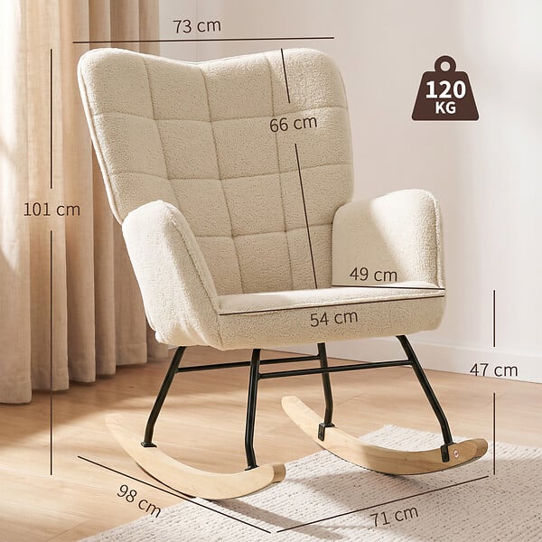 HOMCOM - Fauteuil à bascule rocking chair design - structure acier piètement bois tissu effet laine bouclé beige - large