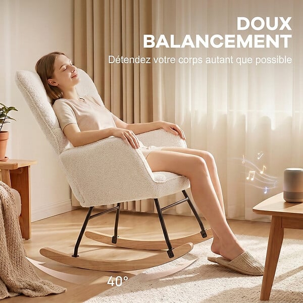 HOMCOM - Fauteuil à bascule rocking chair design - structure acier piètement bois tissu effet laine bouclé beige - large