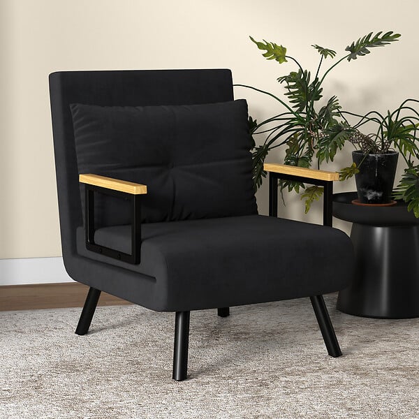 HOMCOM - Fauteuil convertible 3 en 1 chauffeuse lit dossier réglable coussin accoudoirs bois velours noir - large