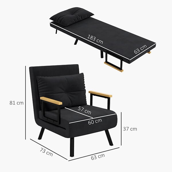 HOMCOM - Fauteuil convertible 3 en 1 chauffeuse lit dossier réglable coussin accoudoirs bois velours noir - large