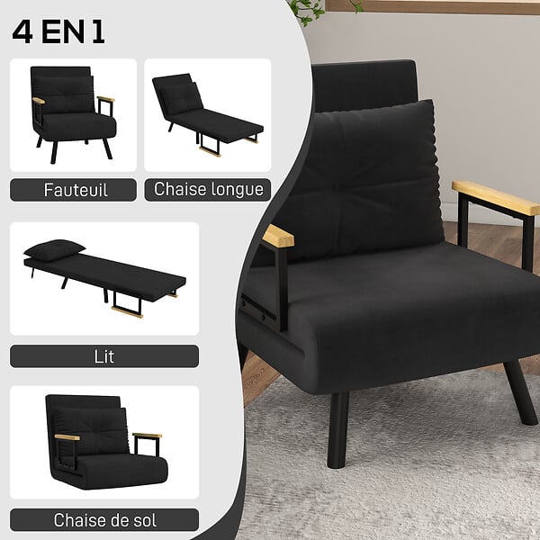 HOMCOM - Fauteuil convertible 3 en 1 chauffeuse lit dossier réglable coussin accoudoirs bois velours noir - large