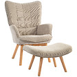 HOMCOM - Fauteuil à oreilles et son repose-pieds piètement bois velours côtelé dossier effet capitonné marron clair - vignette