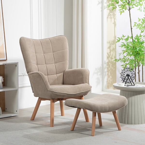 HOMCOM - Fauteuil à oreilles et son repose-pieds piètement bois velours côtelé dossier effet capitonné marron clair - large