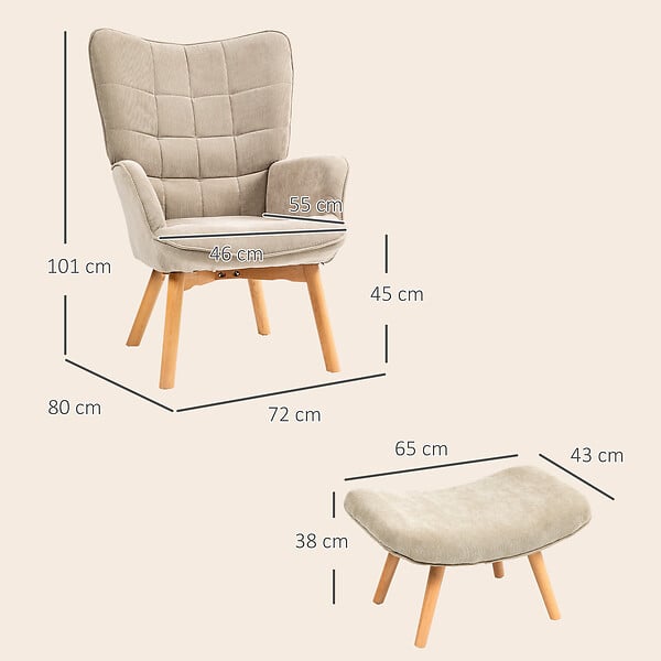 HOMCOM - Fauteuil à oreilles et son repose-pieds piètement bois velours côtelé dossier effet capitonné marron clair - large