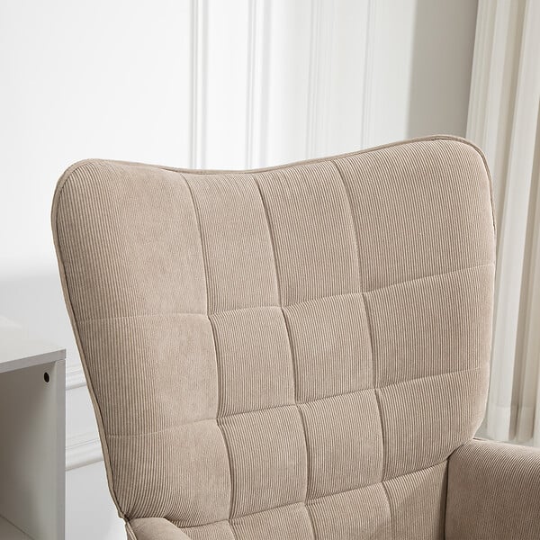 HOMCOM - Fauteuil à oreilles et son repose-pieds piètement bois velours côtelé dossier effet capitonné marron clair - large