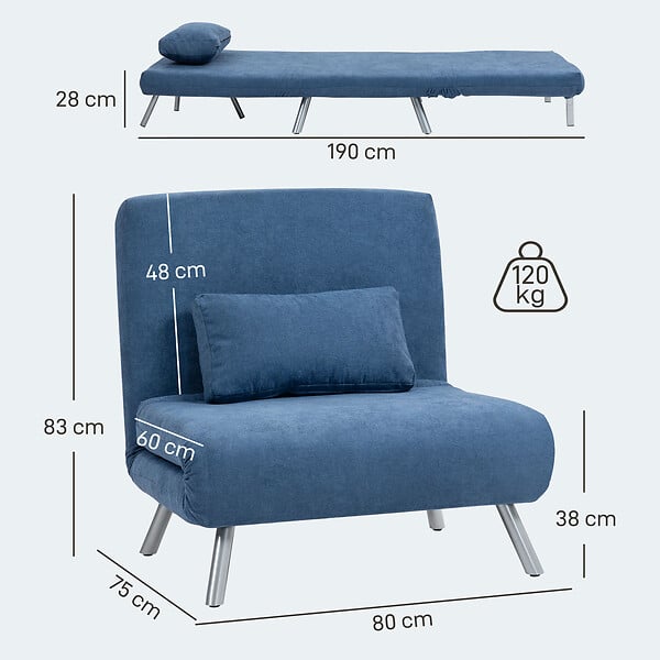 HOMCOM - Fauteuil convertible réglable design moderne piètement incliné métal tissu bleu - large
