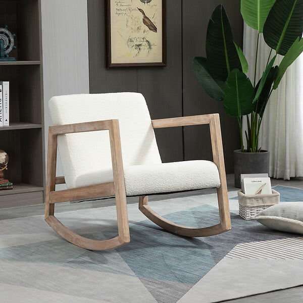 HOMCOM - Fauteuil lounge à bascule bois hévéa revêtement effet peau de mouton polyester crème - large