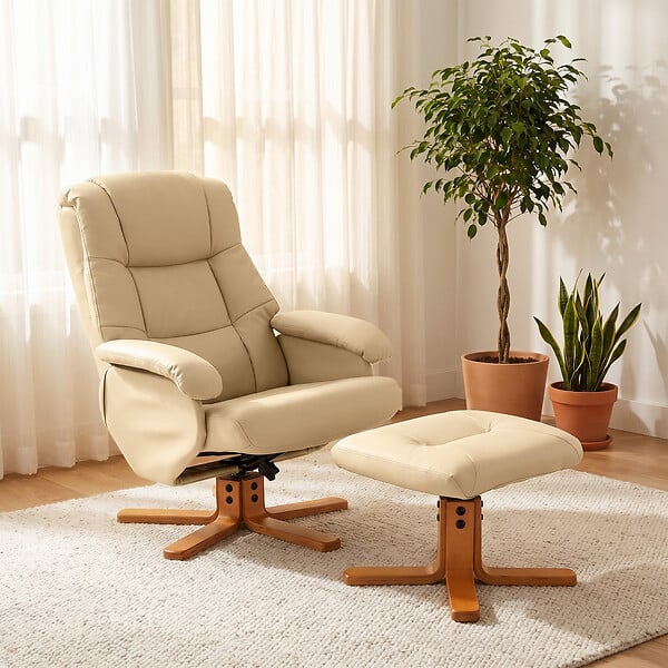 HOMCOM - Fauteuil relax inclinable pivotant avec repose-pied piètement bois clair synthétique beige - large