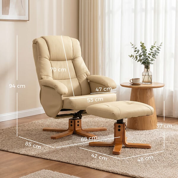 HOMCOM - Fauteuil relax inclinable pivotant avec repose-pied piètement bois clair synthétique beige - large
