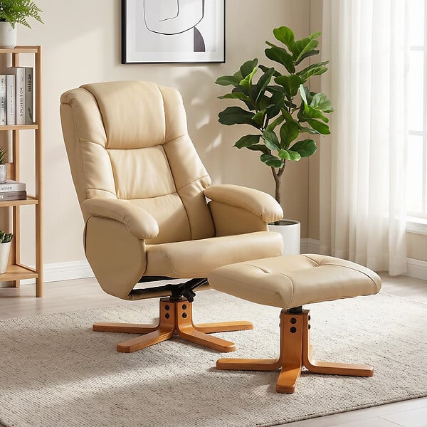 HOMCOM - Fauteuil relax inclinable pivotant avec repose-pied piètement bois clair synthétique beige - large