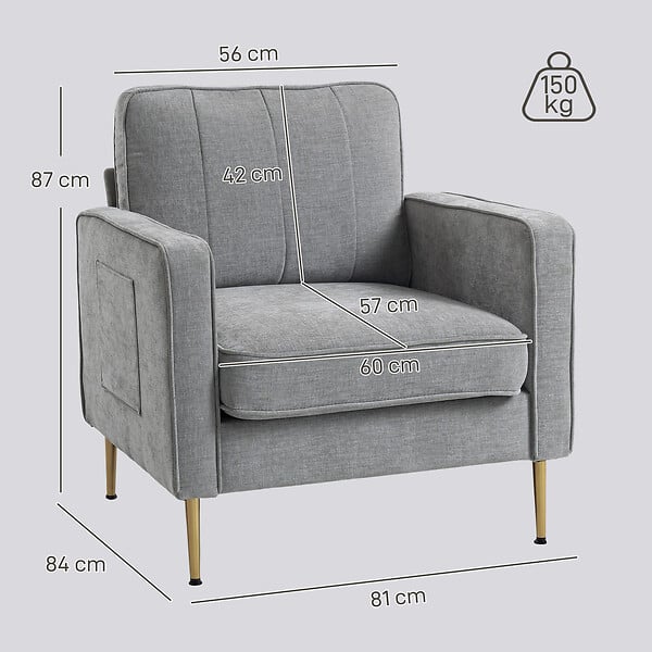 HOMCOM - Fauteuil style art déco piètement métal doré tissu gris clair - large