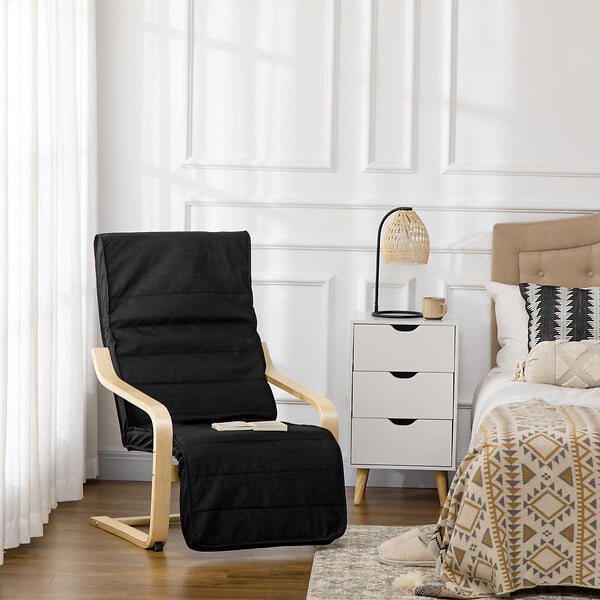 HOMCOM - Fauteuil style nordique - repose-pied réglable - déhoussable - bois de bouleau tissu noir - large