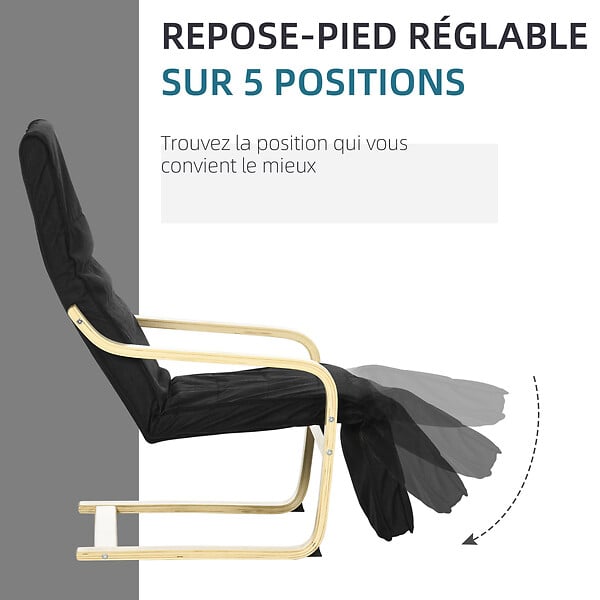 HOMCOM - Fauteuil style nordique - repose-pied réglable - déhoussable - bois de bouleau tissu noir - large