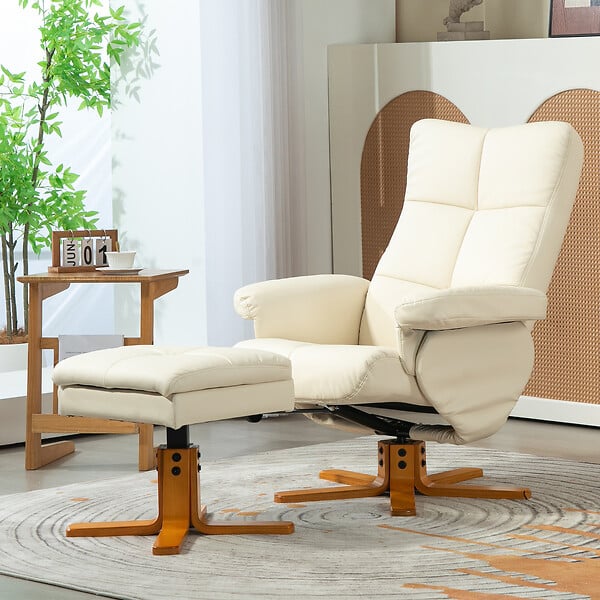 HOMCOM - Fauteuil relax inclinable style contemporain repose-pieds coffre rangement revêtement synthétique acier bois crème - large