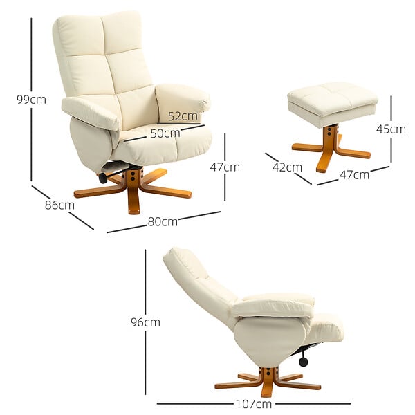 HOMCOM - Fauteuil relax inclinable style contemporain repose-pieds coffre rangement revêtement synthétique acier bois crème - large