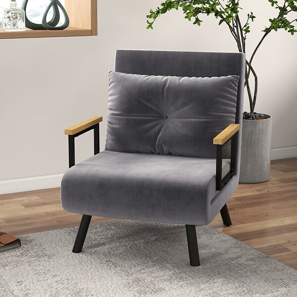 HOMCOM - Fauteuil convertible 3 en 1 chauffeuse lit dossier réglable coussin accoudoirs bois velours anthracite - large