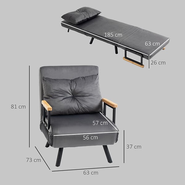 HOMCOM - Fauteuil convertible 3 en 1 chauffeuse lit dossier réglable coussin accoudoirs bois velours anthracite - large