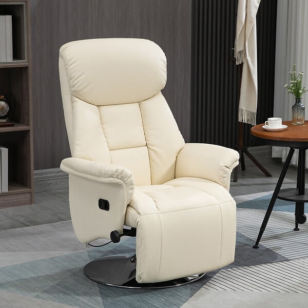 HOMCOM - Fauteuil relax inclinable repose-pied réglable pivotant 360° piètement métal chromé revêtement synthétique crème - large