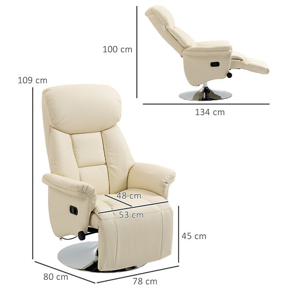 HOMCOM - Fauteuil relax inclinable repose-pied réglable pivotant 360° piètement métal chromé revêtement synthétique crème - large