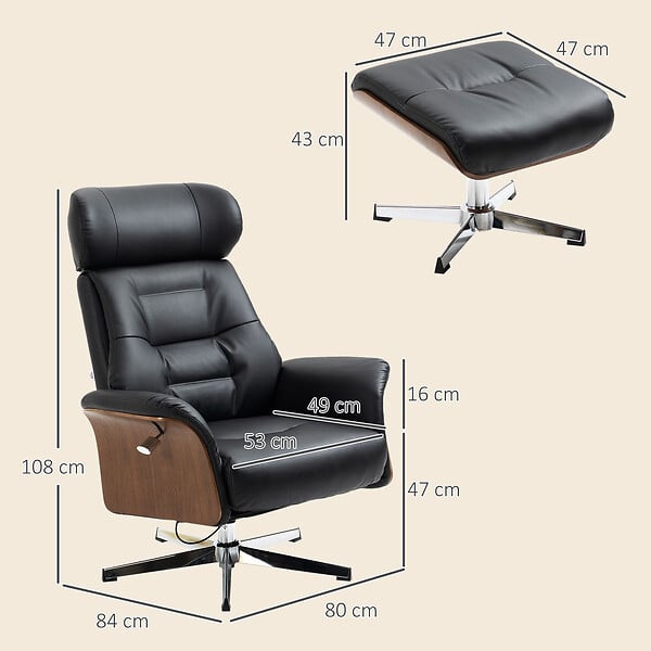 HOMCOM - Fauteuil relax avec repose-pieds - ensemble lounge chair design - acier chromé bois eucalyptus synthétique noir - large