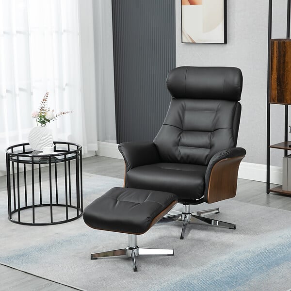 HOMCOM - Fauteuil relax avec repose-pieds - ensemble lounge chair design - acier chromé bois eucalyptus synthétique noir - large